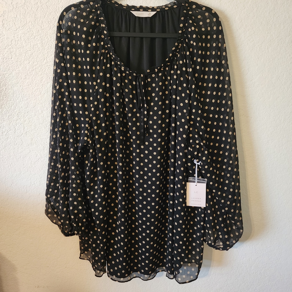 LC Lauren Conrad Black Blouse with Beige Dots